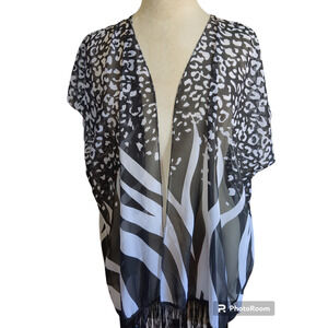 Kimberly C. Black white leopard print fringe kimono cardigan #3